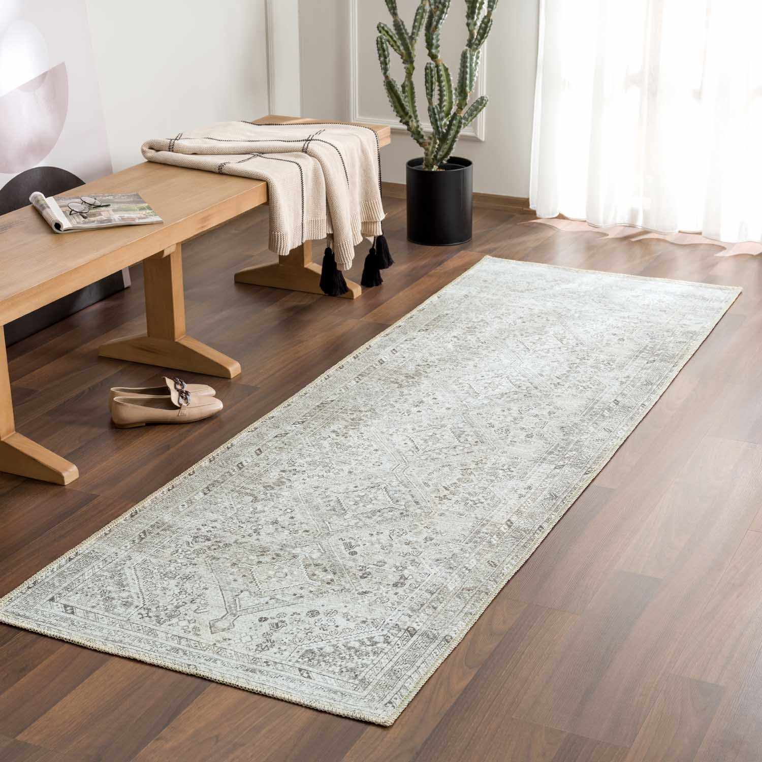 Barny Cream & Sage Washable 7ft Runner Rug