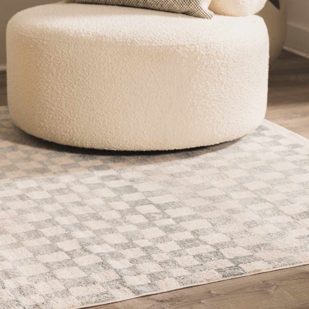 Benjy Cream & Light Blue Checkered Runner Area Rug