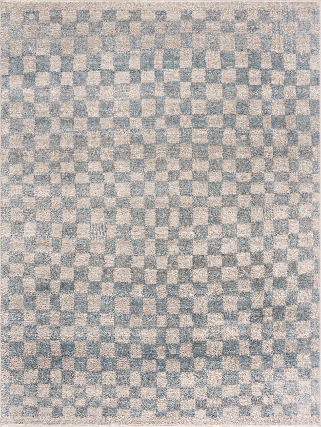 Benjy Cream & Light Blue Checkered Runner Area Rug