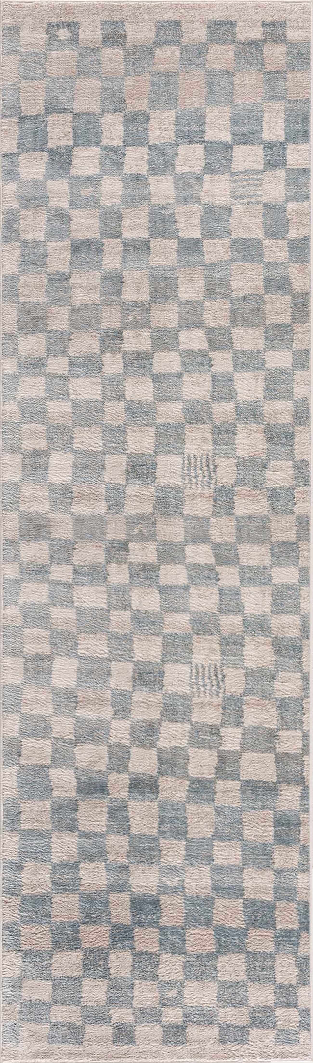 Benjy Cream & Light Blue Checkered Runner Area Rug
