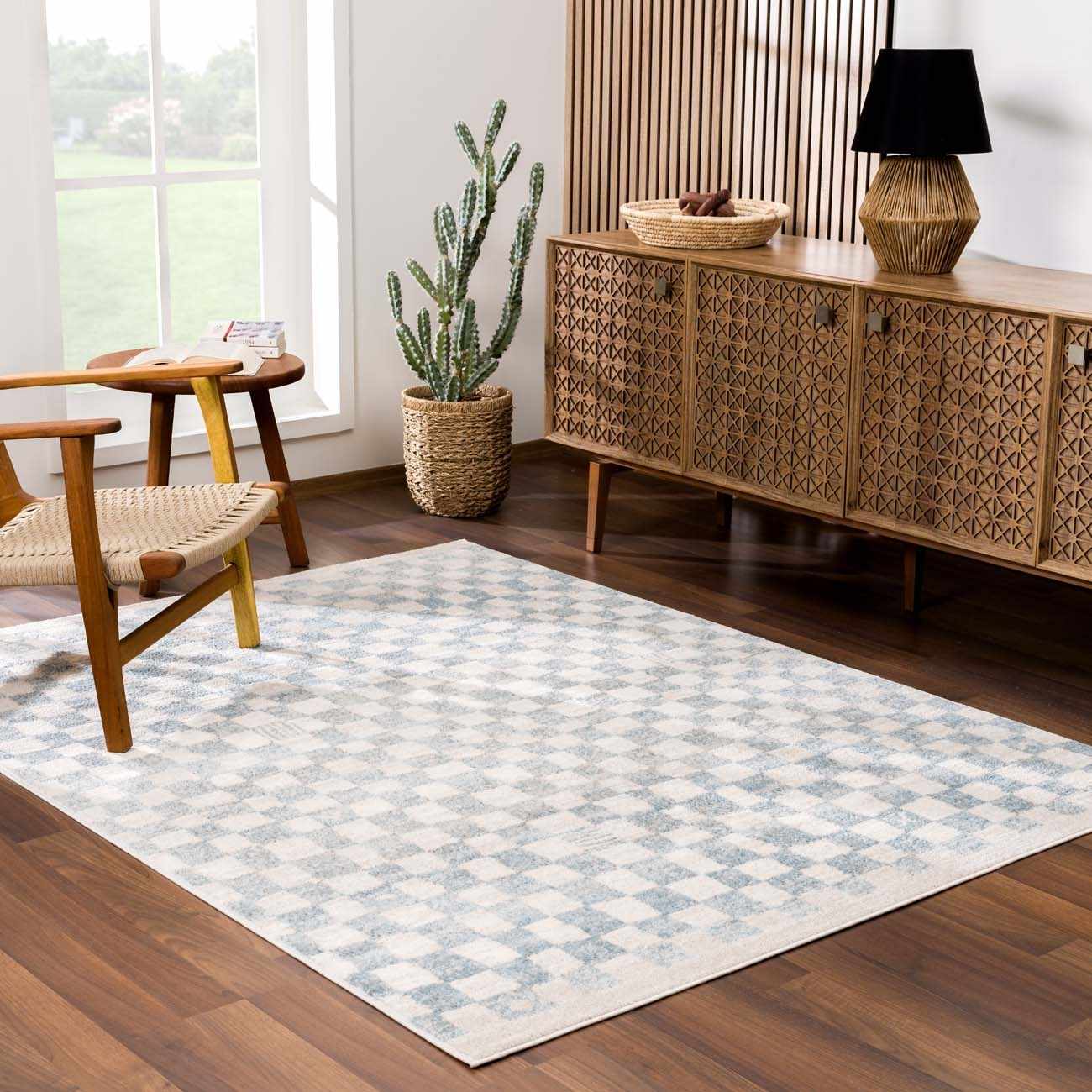 Benjy Cream & Light Blue Checkered Runner Area Rug