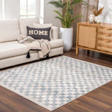 Benjy Cream & Light Blue Checkered Runner Area Rug