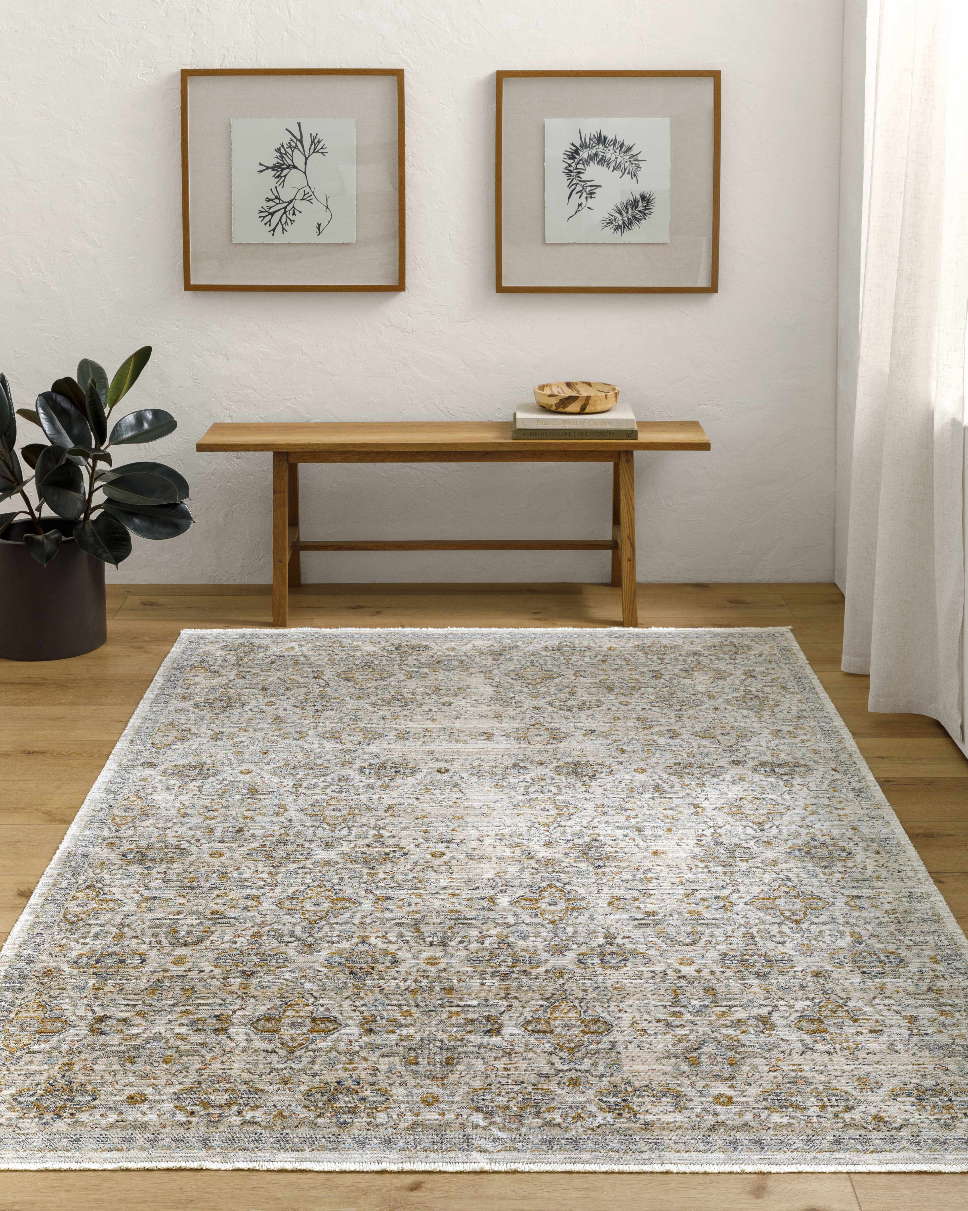 Sample Margaret Damask Cream Washable Area Rug - Livabliss x Becki Owens