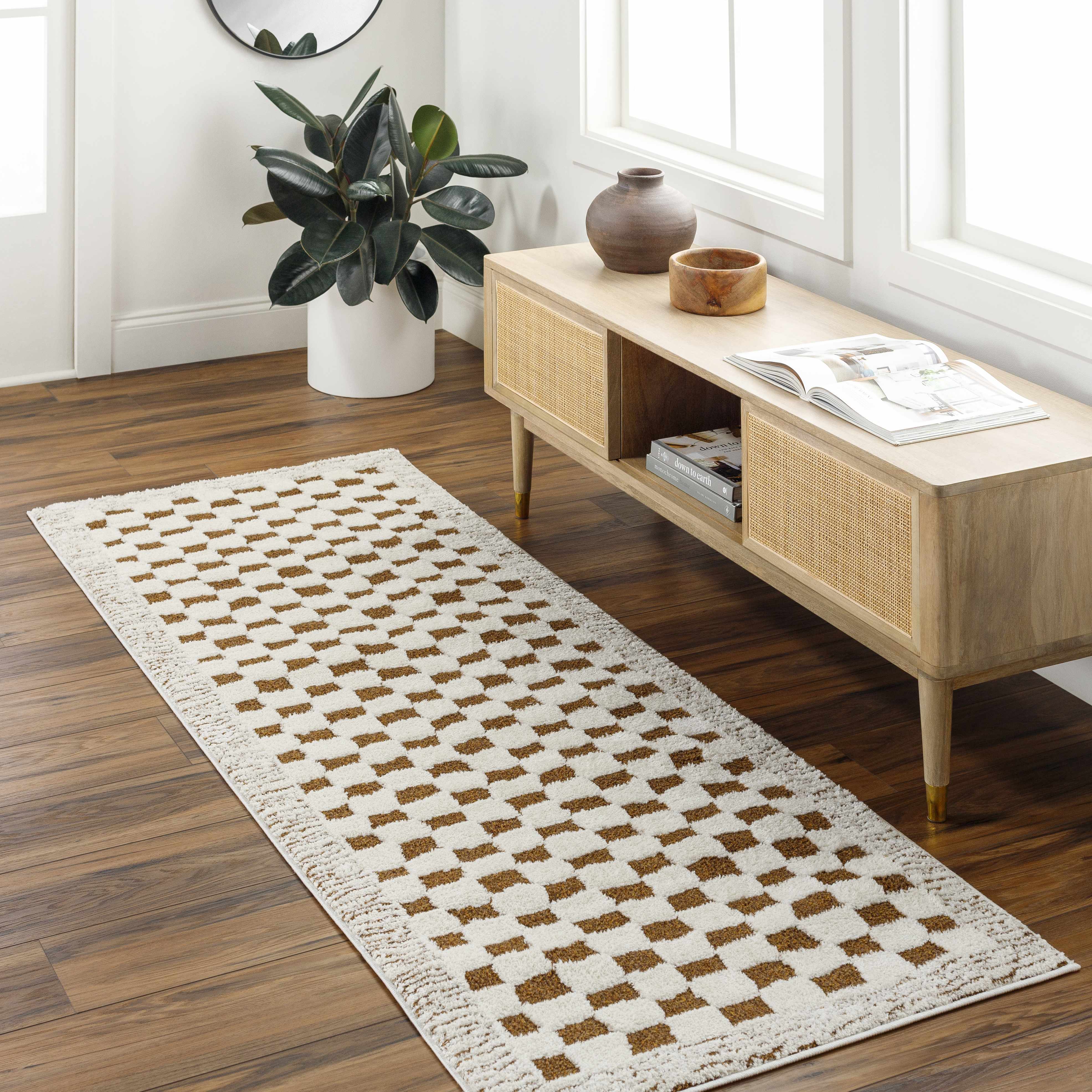 Leryn Brown & White Checkered Runner Rug