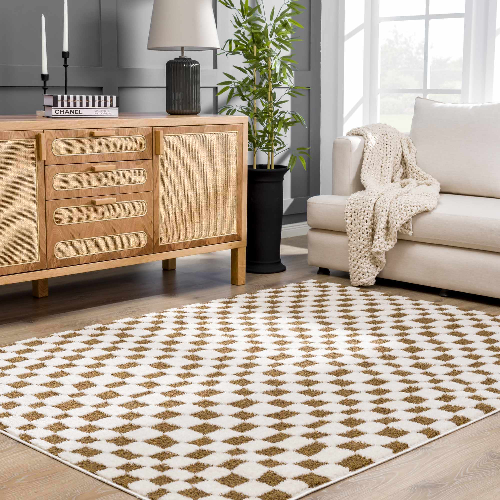Lajos Brown Checkered Runner Rug