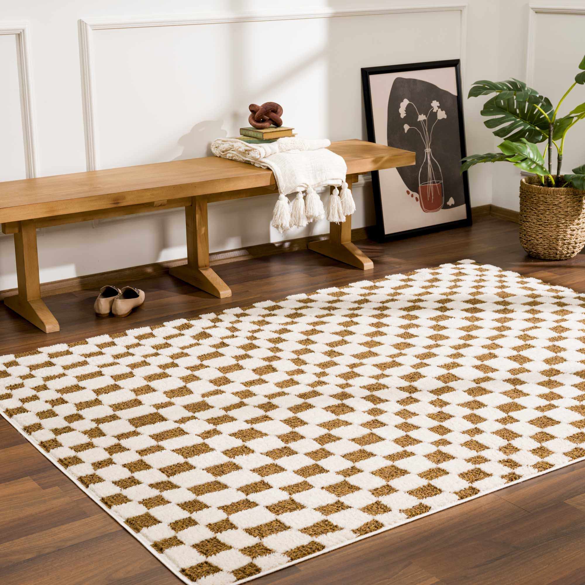 Lajos Brown Checkered Runner Rug