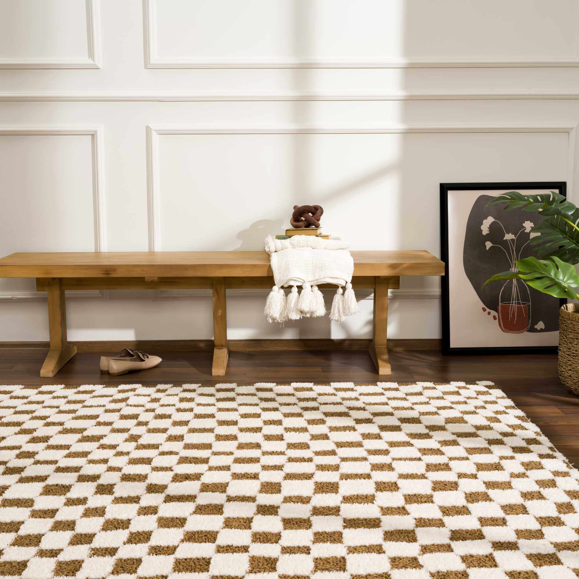 Lajos Brown Checkered Runner Rug