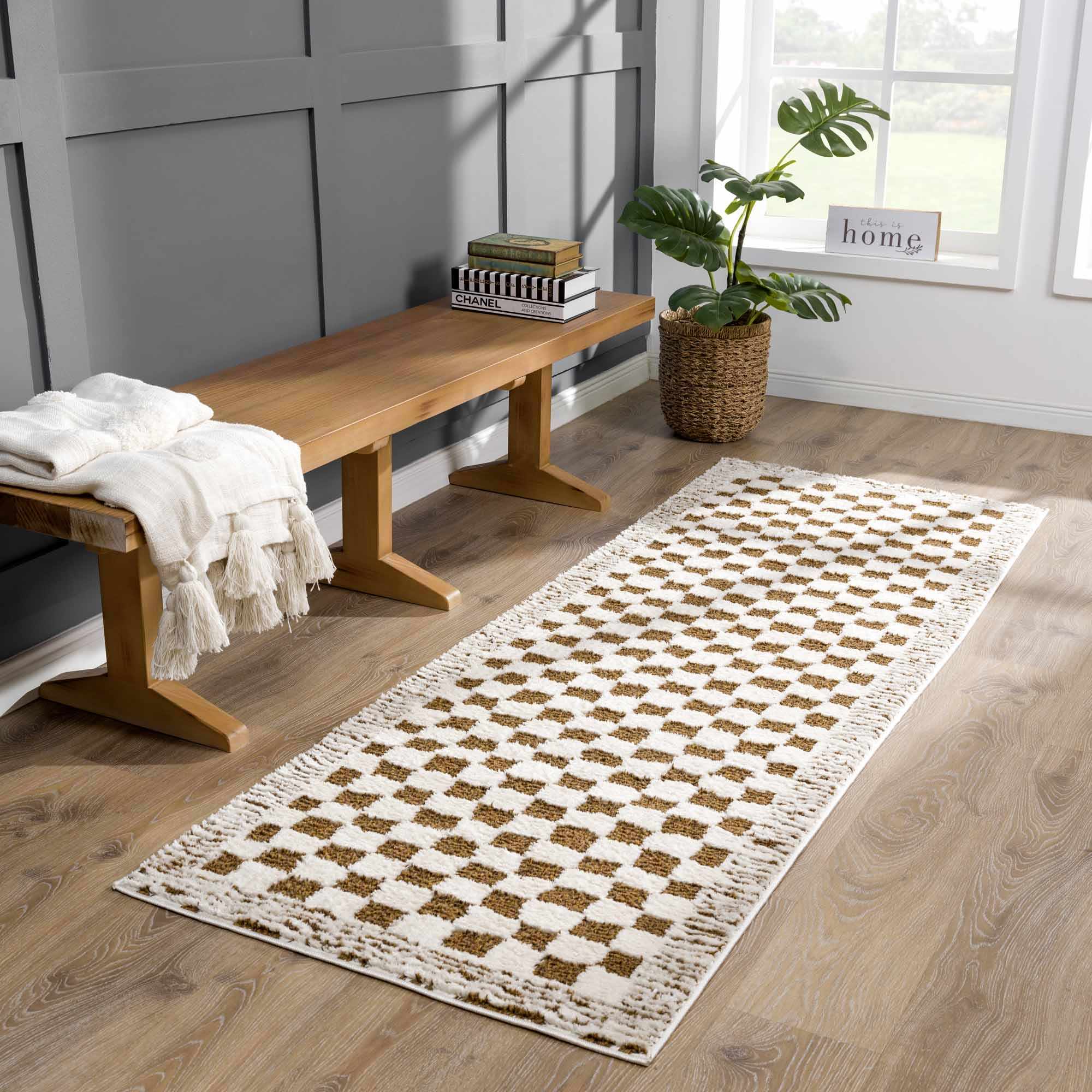 Leryn Brown & White Checkered Runner Rug