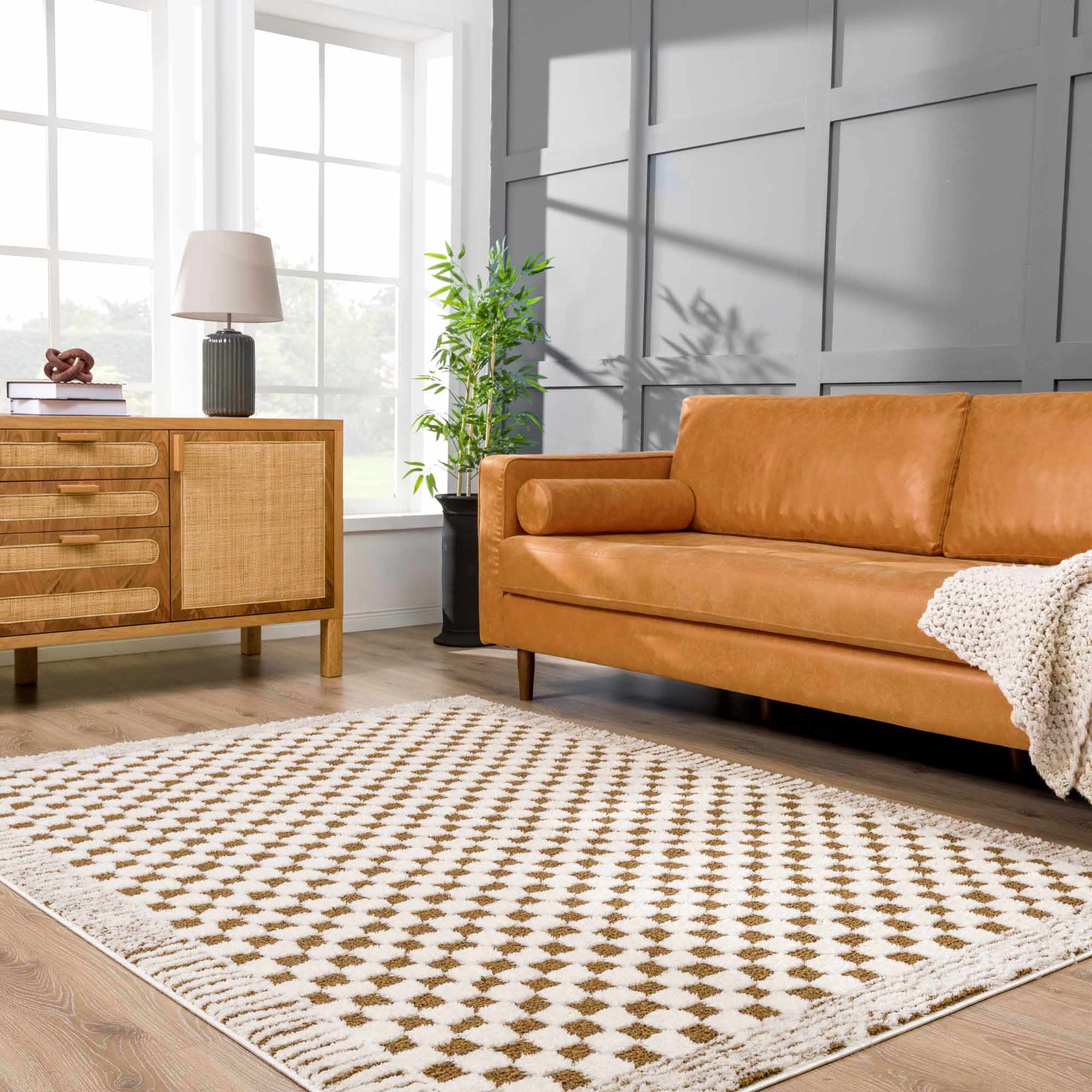 Leryn Brown & White Checkered Runner Rug