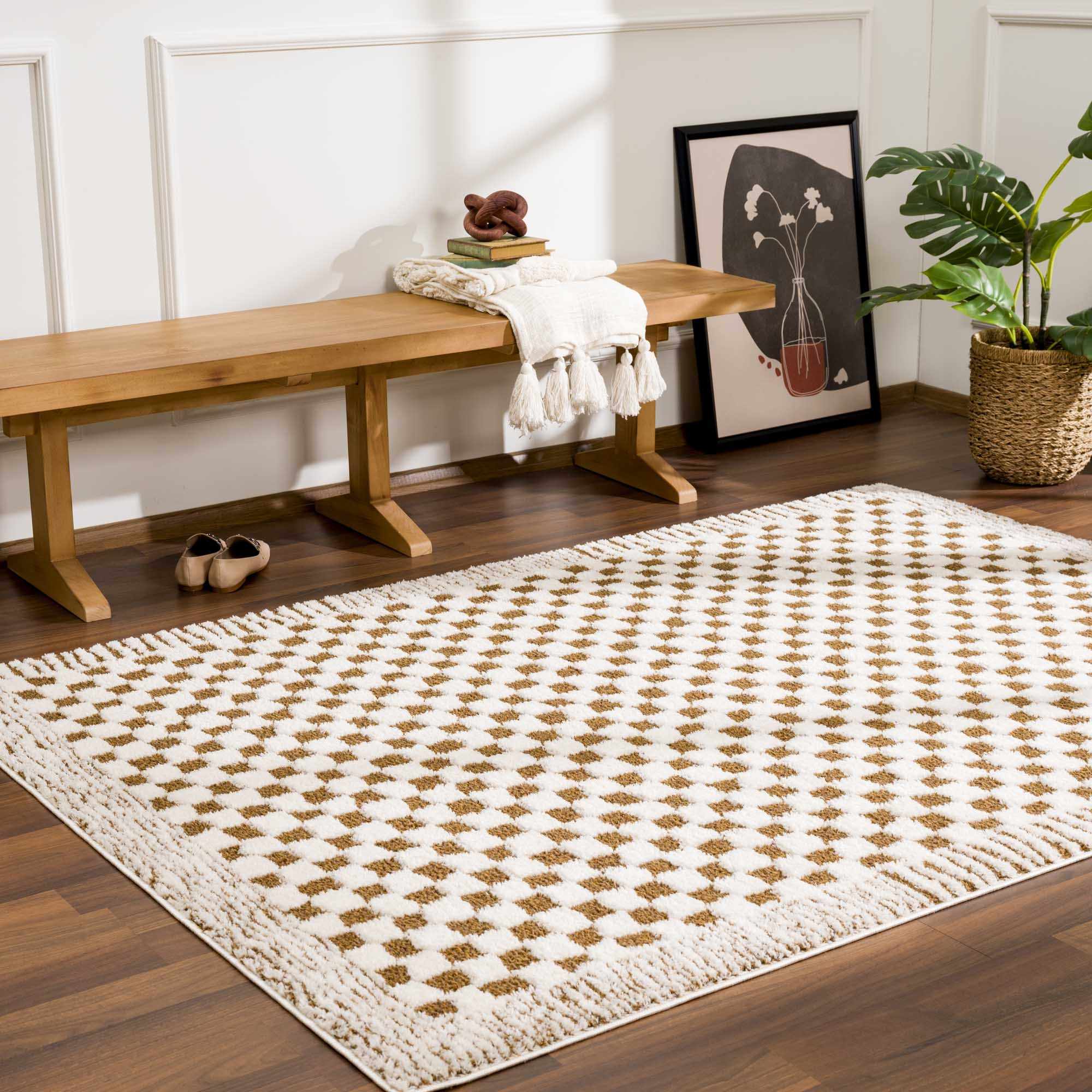 Leryn Brown & White Checkered Runner Rug