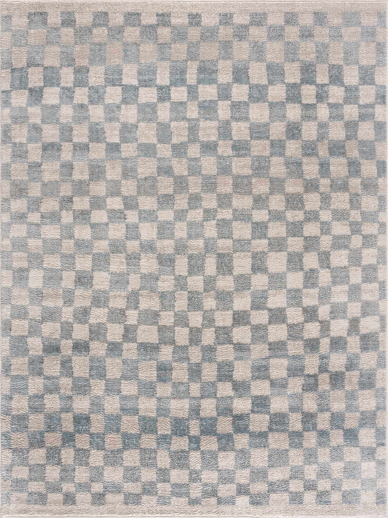 Benjy Cream & Light Blue Checkered Runner Area Rug