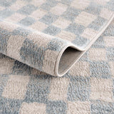 Benjy Cream & Light Blue Checkered Runner Area Rug