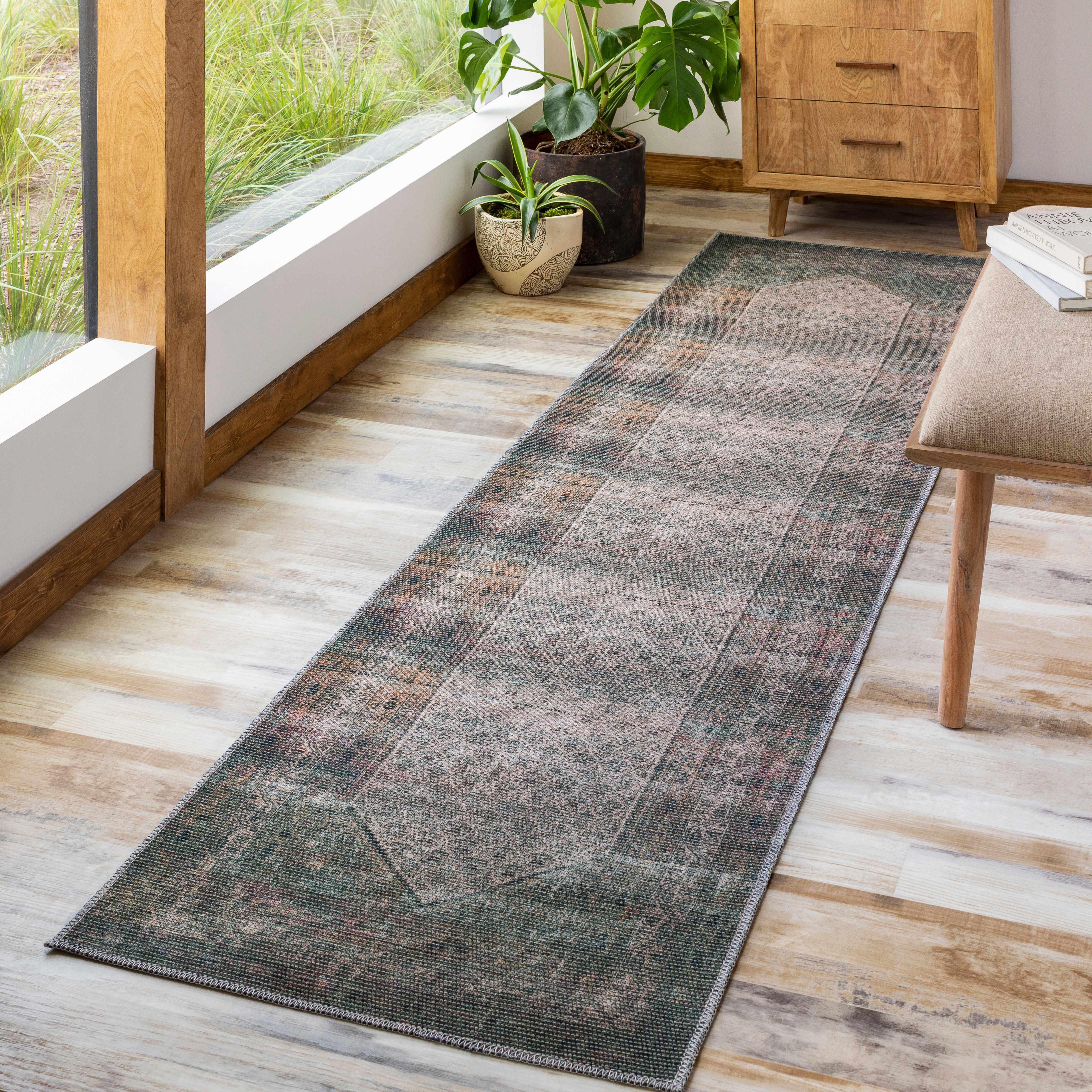 Olive Sariaya Distressed Washable Runner Rug