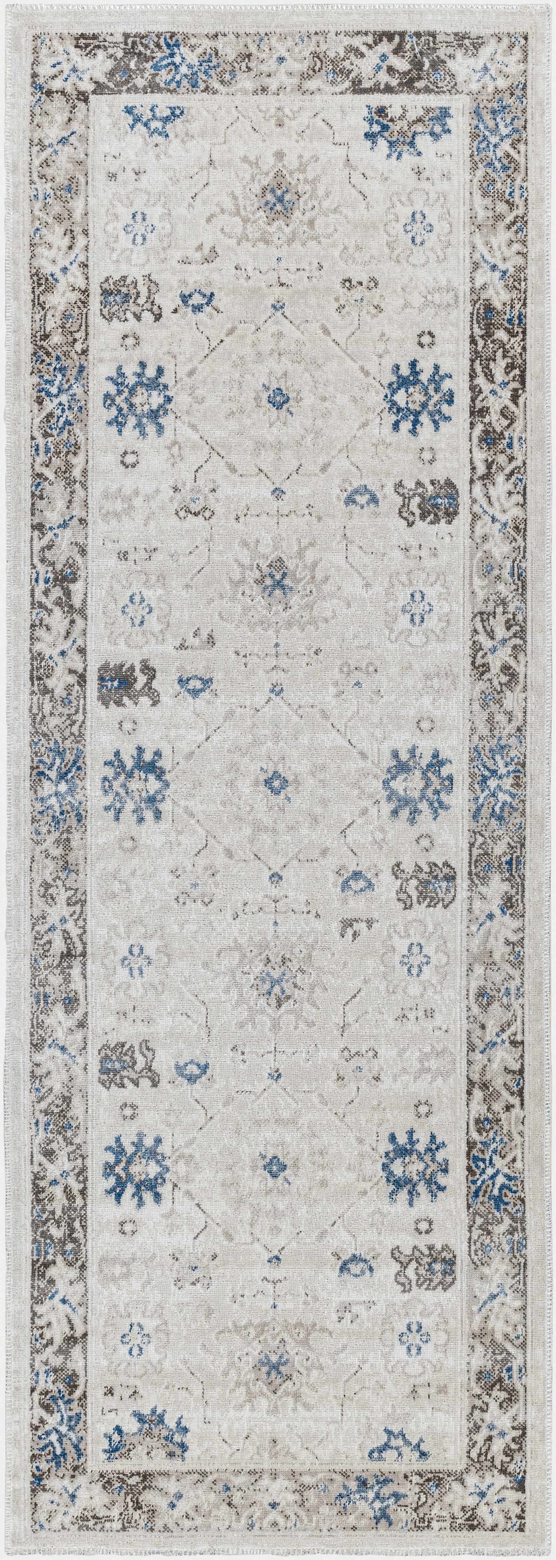 Arwel Cream & Blue Washable Runner Rug
