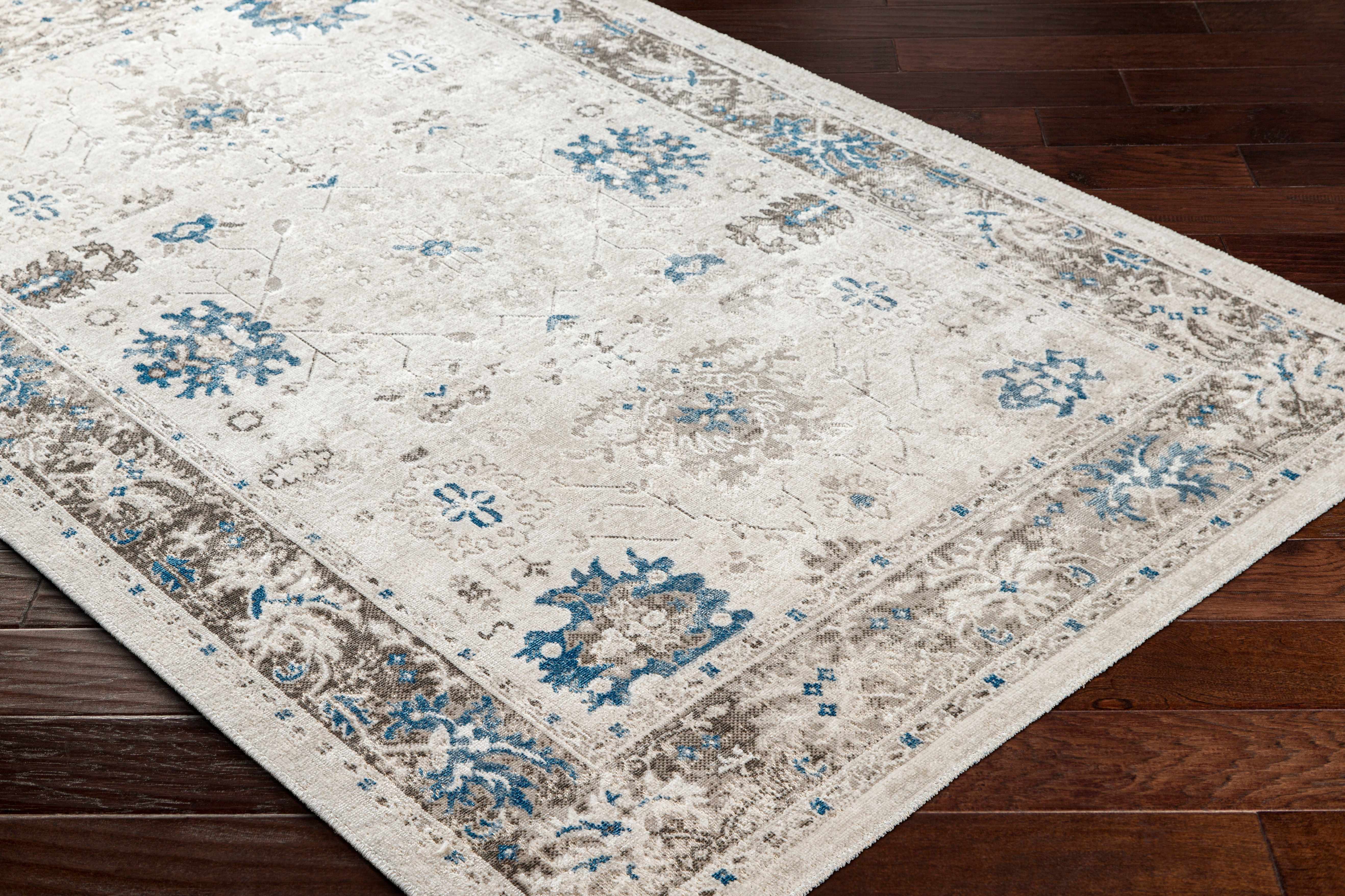 Arwel Cream & Blue Washable Runner Rug