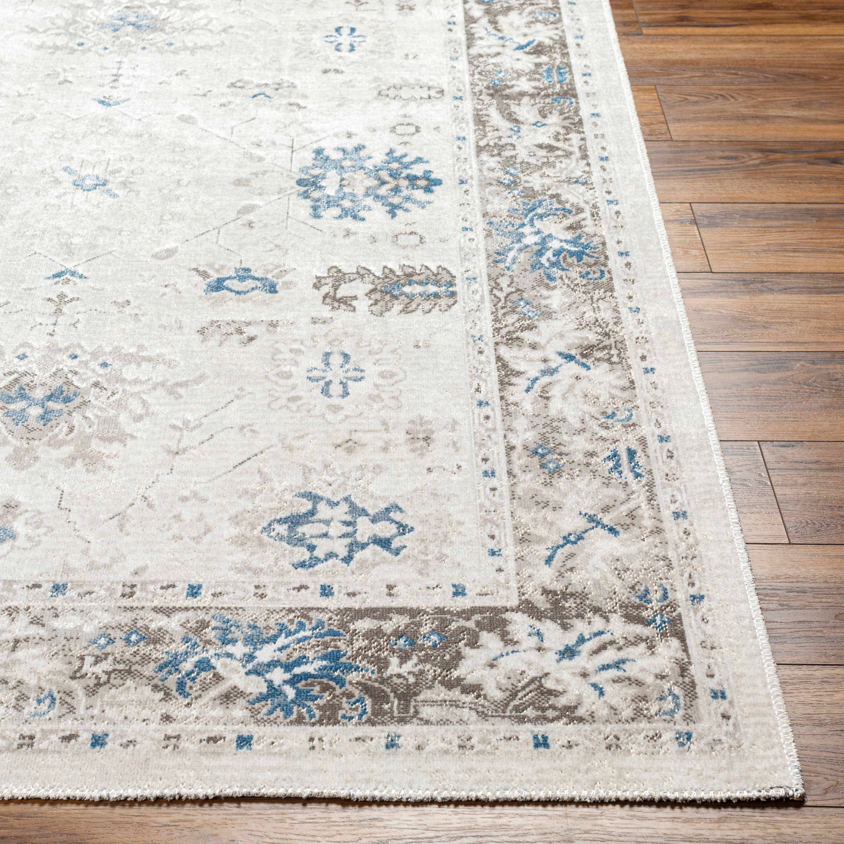 Arwel Cream & Blue Washable Runner Rug