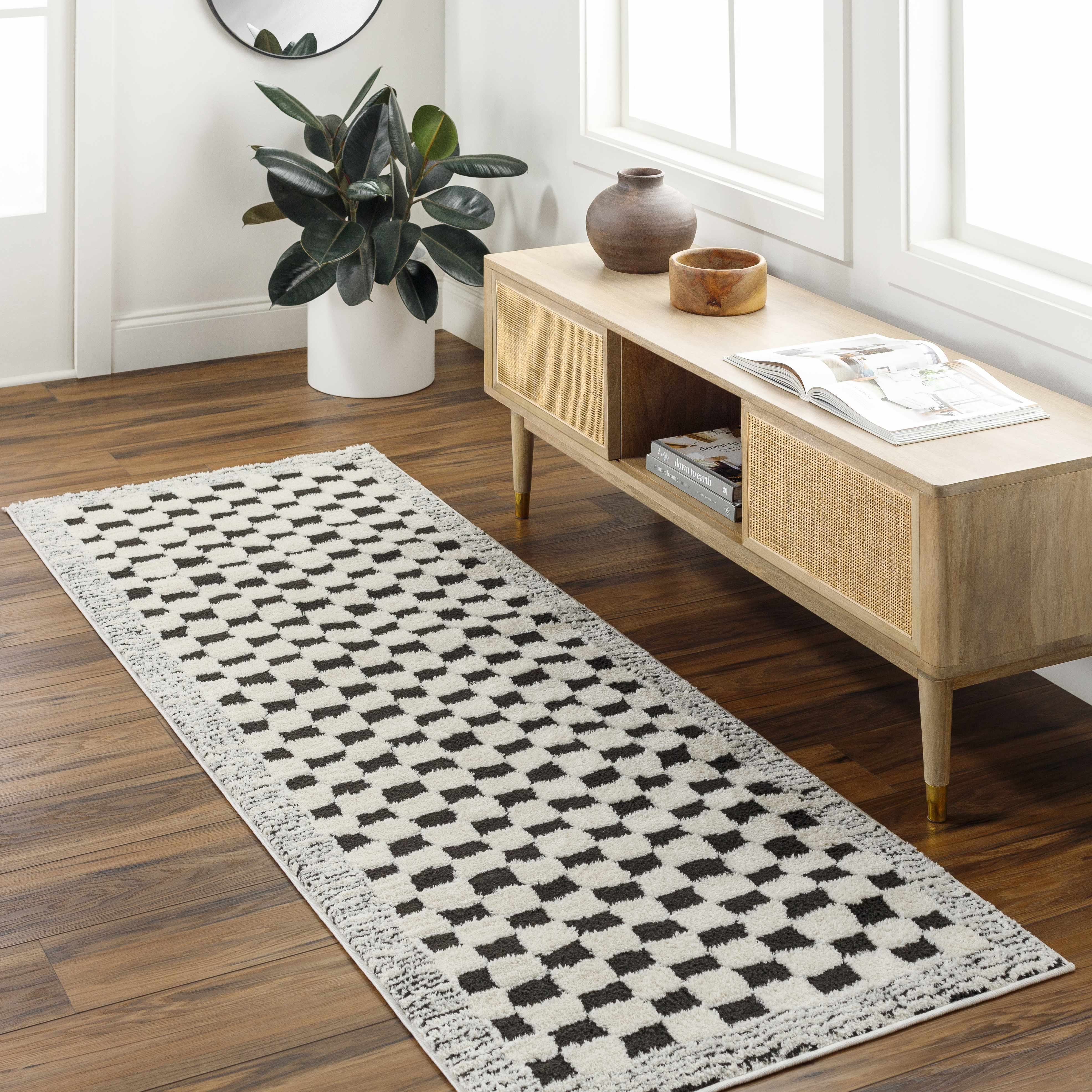 Leryn Black & White Checkered Runner Rug